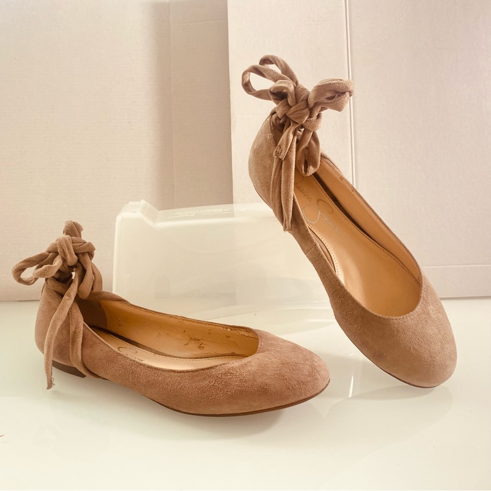 Jessica Simpson Tan Suede Ballet Flats Size 61/2M Straps Comfy Round Toe Ballet